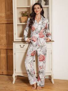 Serenescape Vacation Style Women Floral Print Bubble Collar Cardigan Long Sleeve Pajama Set - Multicolor - View 3