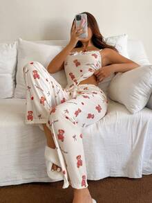 Dream Adore Women's Cute Bear Print Camisole And Pants Pajama Set Valentine's Cute Lounge Set - Apricot - View 3