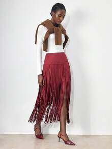 Maija 女士麂皮绒面料中腰收腰流苏拼接设计修身显瘦波西米亚风休闲半身裙，适合都市通勤、商务、休闲、派对、婚礼宾客、夏季、情人节、新年等场合。 - 酒紅色 - 查看 5