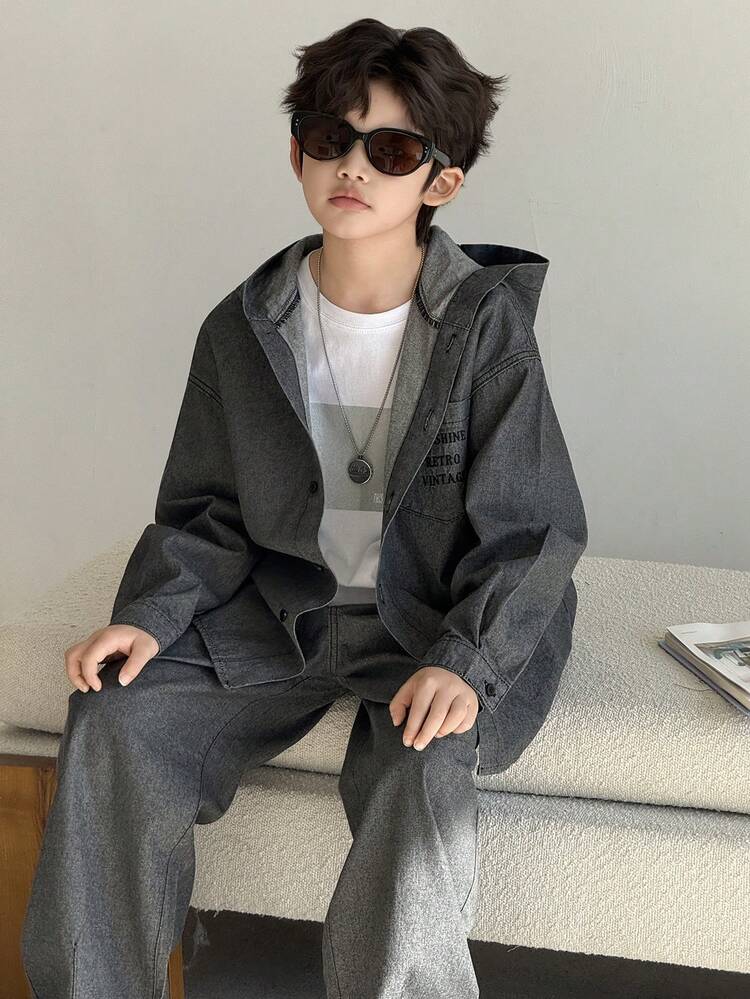 Tween Boy Casual Washed Hoodie And Denim Pants Set Spring