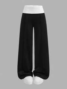 Teen Girl Street Style Casual Back To School Retro Daily Y2K Ribbed Knit White Cuffed & French Black Flare Pants - Black and White - View 6