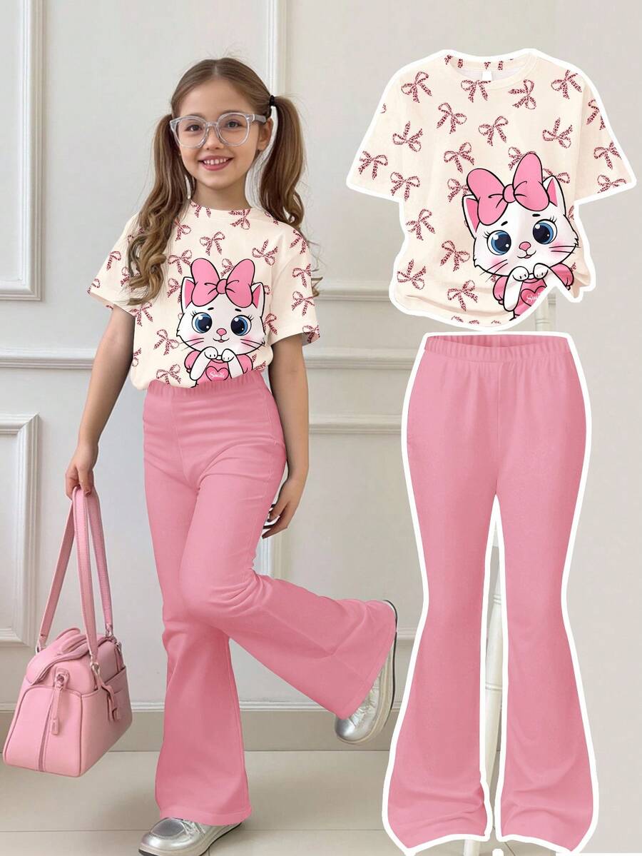 SHEIN 2pcs/Set Young Girl Cute Cartoon Cat&Leopard Bow Print Round Neck Short Sleeve Top&Flare Pants Set,Casual Comfortable Summer School Outfits,Holidays - Multicolor - View 1