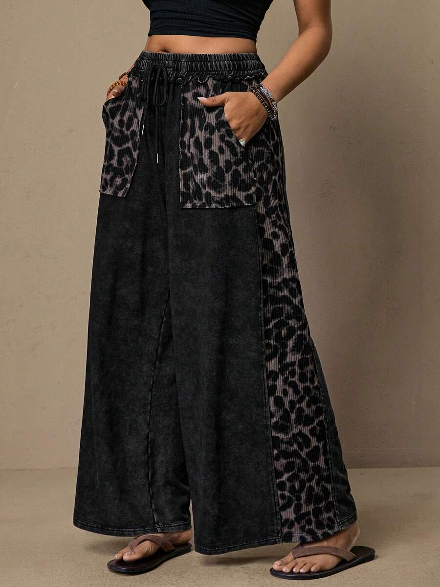 Freevana Plus Size Leopard Print Patchwork Vintage Distressed Casual Wide Leg Boho Pants - Black - View 1