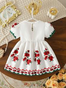 SHEIN Đầm trắng tay phồng cổ tròn in họa tiết hoa hồng dễ thương cho bé gái. - trắng - Xem 2