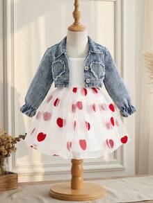 SHEIN Baby Girls 2 Pieces Set, Fashionable & Cute Heart Embroidered Denim Jacket + Matching Outfit, Versatile For Spring & Summer - White - View 3