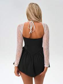 Amplova Black And White,Autumn,Elegant,Goth,Night Out Fitted Semi-Sheer Heart-Shaped Bust Long Sleeve Bodycon Mini Dress,Open Back & Criss-Cross Corset Dress - Black - View 3