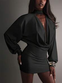 Hauture Đầm ngắn ôm dáng thanh lịch, tối giản, màu trơn, cổ mở, tay phồng, dành cho nữ. - màu đen - Xem 5