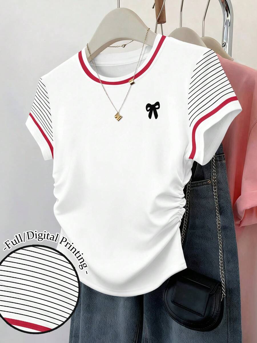 Resyla Áo thun nữ tay ngắn ôm eo, xếp ly, in nơ, họa tiết kẻ sọc. - Nhiều màu - Xem 1