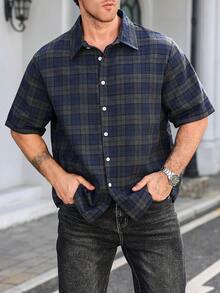 Manfinity Homme Men's Plaid Simple Casual Short Sleeve Shirt - Navy Blue - View 3