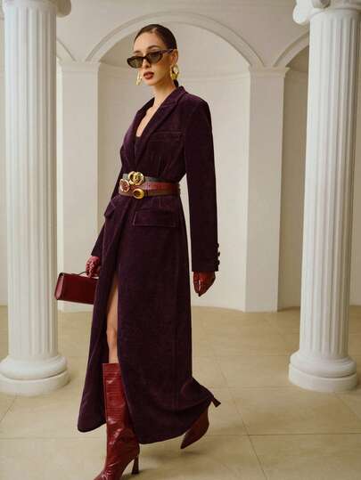 ZEYLAH Fashionable & Elegant Corduroy Waist Cinched Long Jacket, Suitable For Commuting, Autumn/Winter