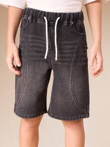 SUMWON Pantalones cortos de mezclilla lavados con ajuste relajado, costuras de contraste y bolsillos laterales para niños, bermudas casuales de longitud hasta la rodilla para vacaciones de verano - Negro - Ver 6