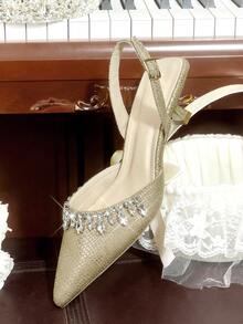 CUCCOO HITCHD Women's Fashionable Elegant Party Rhinestone Decorated Pumps - Gold - View 12