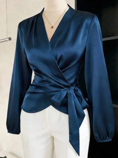 Modelyn Women's Solid Color Lantern Sleeve Wrap Tie Elegant Blouse Dark Blue Top Navy Blue Blouse Silk Blouse Women Blouses Elegant