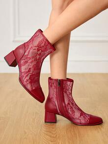 CUCCOO HITCHD Giày bốt cao gót đế dày, phối ren, vát cạnh thanh lịch dành cho nữ - Đỏ - Xem 2