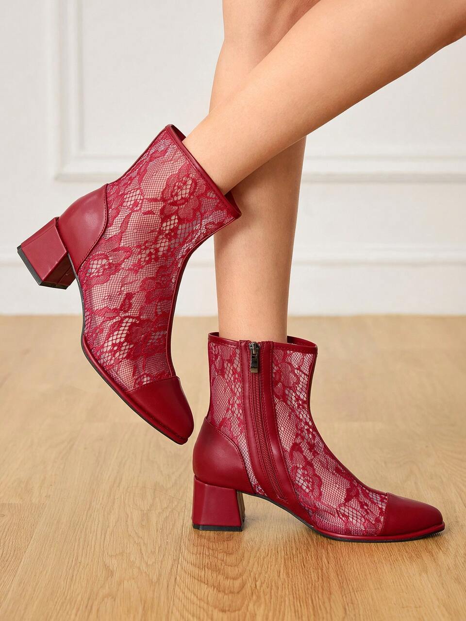 CUCCOO HITCHD Women's Elegant Commuter Lace Patchwork Chunky High Heel Mid-Calf Boots For Christmas