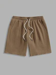 Manfinity Roghcode Pantalones cortos casuales de hombre de unicolor con cordón en la cintura, para verano - Caqui - Ver 3