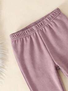 2pcs/Set Young Girls Undershirt-Autumn Winter Base Layer Set Crewneck Long Sleeve Top Elastic Waist Pants Thermal Lined Pink Simple Style 2026 New Year Essential Girls Comfy Set Girl Fall Sets Kids Girl Set 2 Piece Girl Set Two Piece Kids Set - Mauve Purple - View 4