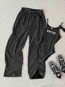 SHEIN 2pcs/Set Girls' Spring/Summer Black Snowflake Embroidered New York Text Ribbed Knit Camisole Jumpsuit And Casual Minimalist Retro Snowflake Print Pants Outfit - Dark Grey - View 1