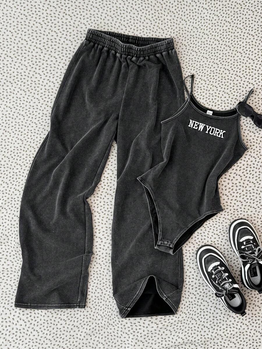 SHEIN 2pcs/Set Girls' Spring/Summer Black Snowflake Embroidered New York Text Ribbed Knit Camisole Jumpsuit And Casual Minimalist Retro Snowflake Print Pants Outfit - Dark Grey - View 1