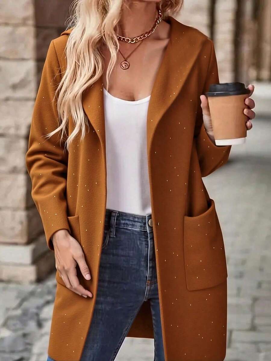 Vestido de sudadera de pantalón largo para mujeres - sombrero, solapa, bolsillo, estilo cómodo y cálido, apilado en otoño e invierno, suéter individual en el exterior - Camel - Ver 1