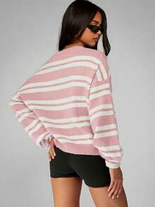 MISSGUIDED 宽松条纹针织套头衫，圆领长袖，休闲秋冬舒适款 - 粉色 - 查看 2