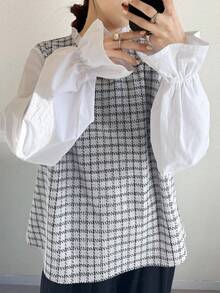 FRIFUL 女士时尚通勤格子拼接二合一长袖衬衫 - 白色 - 查看 6