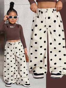 Young Girl' Y2K Black Polka Dot & White Denim Loose Fit Pants,Fall Clothes,Winter Clothing ,Casual And Fashionable Vacation Outfits,Streetwear,2000s Style  ,Christmas Clothing ,Polka Dot Pants,Young Girl Pants