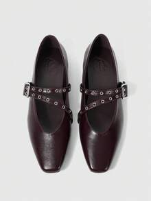 Sleekvia 女士方头平底巧克力色金属扣套脚平底鞋，舒适休闲玛丽珍鞋，适合搭配连衣裙 - 咖啡棕 - 查看 1