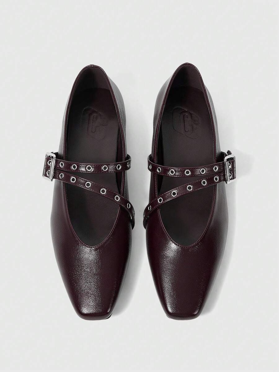 Sleekvia 女士方头平底巧克力色金属扣套脚平底鞋，舒适休闲玛丽珍鞋，适合搭配连衣裙 - 咖啡棕 - 查看 1