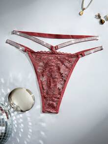 MidnightGlam 女士亮面丝带丁字裤性感蕾丝内裤 - 紅木色 - 查看 6