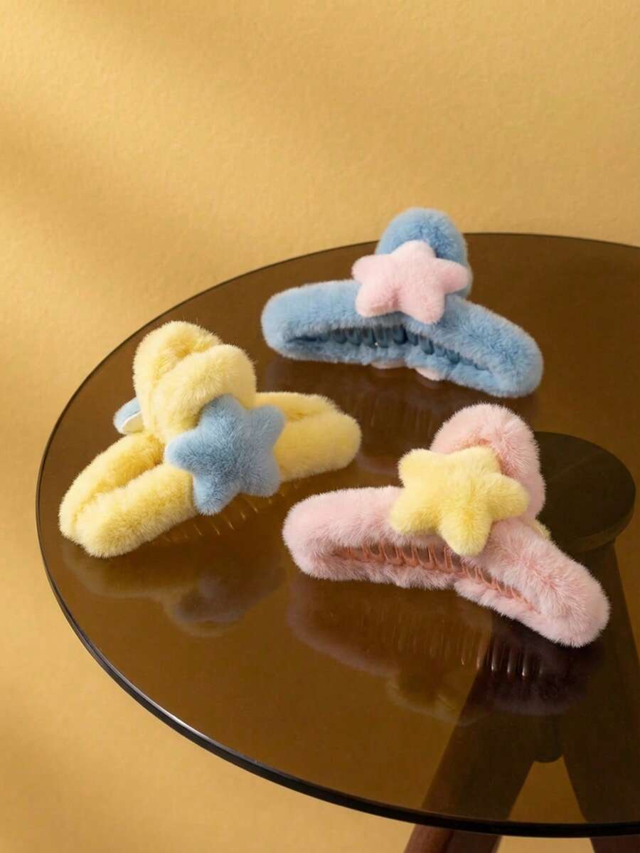 Joivida Pinza de pelo con diseño de estrella de cinco puntas de gran tamaño de felpa, accesorio de pelo con diseño de aleta de tiburón y corazón para mujer, ideal para el otoño y el invierno, pinza de pelo linda para el recogido - Multicolor - Ver 1