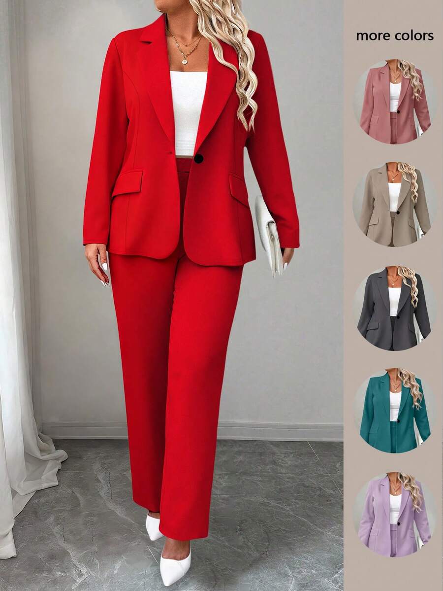 Elenzga Bộ đồ vest và quần dài tay đơn hàng cài khuy đơn màu trơn dành cho nữ cỡ lớn, mùa thu - Đỏ - Xem 1