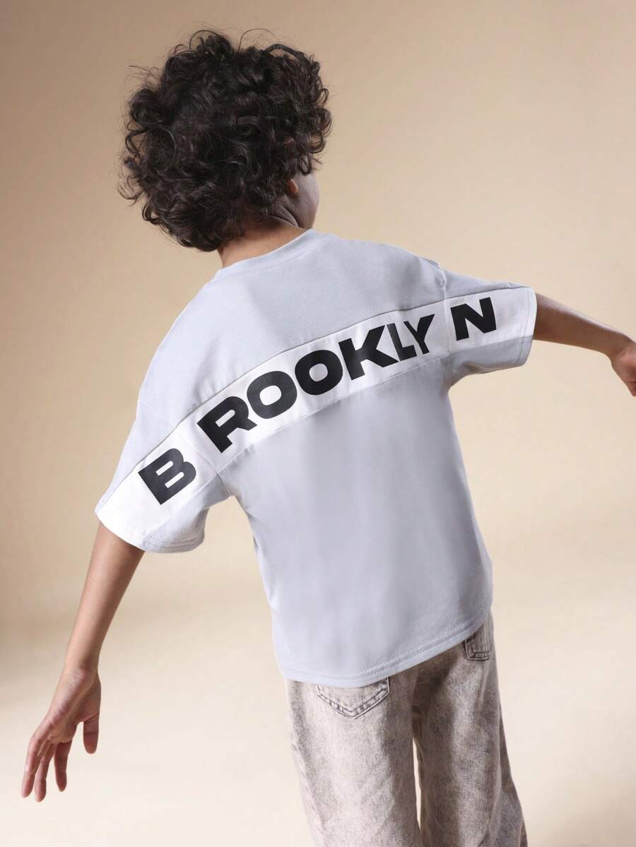 SUMWON Boys Brooklyn Graphic Print Short Sleeve Crew Neck Regular Fit Cotton T-Shirt Kids Casual Everyday Basic Top - Grey - View 1