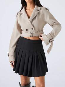LYSMO Double Button Buckle Cuff Crop Trench Coat In Fall/Winter - Apricot - View 1