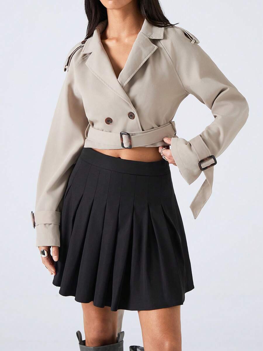 LYSMO Double Button Buckle Cuff Crop Trench Coat In Fall/Winter - Apricot - View 1