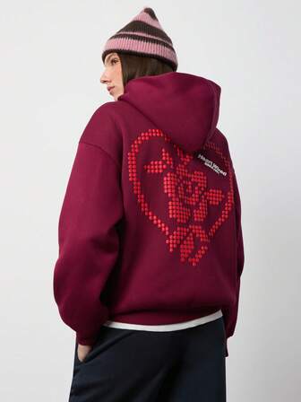 SURIMA Casual Burgundy Red Minimalist Printed Pattern Hooded Loose Fit Thick Sweatshirt For Women, Suitable For Autumn/Winter