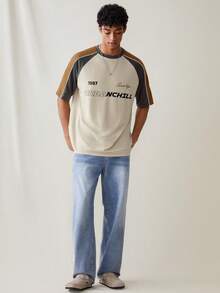 SWAVVY Áo thun nam tay ngắn dệt kim, kiểu dáng thường ngày, trẻ trung, rộng rãi, phối họa tiết, in hoa. - màu nâu - Xem 3