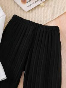 两件套少女休闲条纹长袖衬衫搭配弹力喇叭裤套装，适合秋冬季穿着 - 黑色 - 查看 8