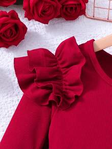 Tween Girl Spring/Autumn Party Banquet Round Neck Layered Ruffle Trim Long Sleeve T-Shirt And Faux Pearl Decor Skort Set - Burgundy - View 4