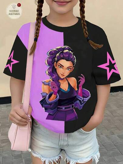 SHEIN Explorewe 1 st söt och cool Kpop-tjejtopp med grafiska färgblock, kortärmad, lös passform, lämplig för tween-tjejer, perfekt för vår, sommar, höst, vinter, perfekt julklapp