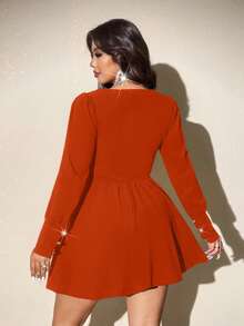 Viva Relle Vestido negro de línea A con cuello en V, mangas abullonadas, cintura con lazo, elegante y delicado con mezcla de tul francés de lujo, versátil y elegante para fiestas, sexy y de talla grande para mujeres - Naranja - Ver 2