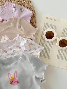 SHEIN Newborn Baby Girl Cute Casual Knitted Elastic Cartoon Pattern Drawstring Waist Pants (Sold Separately) - Multicolor - View 5