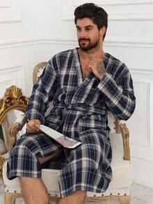 DAZY 春季格子腰带设计长款男士睡袍 - 彩色 - 查看 2