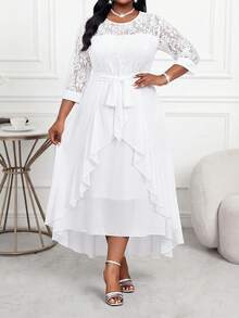 SHEIN Lady 大码女式商务职业蓝色镂空袖蕾丝拼接荷叶边层叠中长连衣裙教师服教师裙秋季连衣裙蕾丝连衣裙四季皆宜 - 白色 - 查看 5