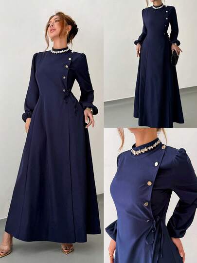 Rafferiza Damklänning med rynka, unika knappar och knytband, marinblå