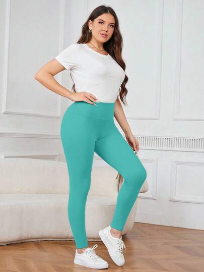 SHEIN LUNE Plus Size Women Solid Color High Waist Casual Leggings Curve Woman  Lounge Curve Pants Woman Pants Curve Pants  Woman Pants Leggings
