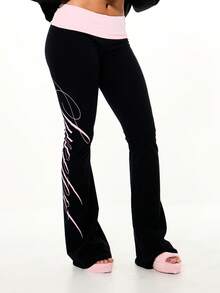 SUMWON WOMEN Flared Black Fold Over Waistband Pants With Pink Script Graphic Detail Bootcut Comfortable Casual Lounge Sweatpants