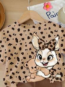 SHEIN 2pcs/Set Cute Rabbit & Leopard Print Top And Tight Shorts Set, Casual Loose Round Neck Short Sleeve T-Shirt And Leggings Outfit For Baby Girls, Suitable For Spring/Summer Daily Wear, Travel, Matching, Home, Vacation, Outdoor, Farm, Chill - Multicolor - View 4