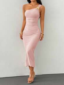 SHEIN PETITE Gold Color Brooch Decor Asymmetric Neck Ruched Fishtail Skirt Pink Midi Dress - Pink - View 5