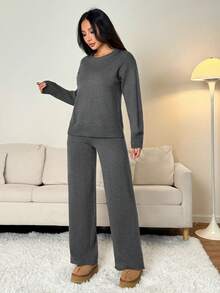 SHEIN PETITE Women Solid Color Crew Neck Long Sleeve Sweater And Long Pants Casual Regular Outfit, Autumn/Winter - Grey - View 3